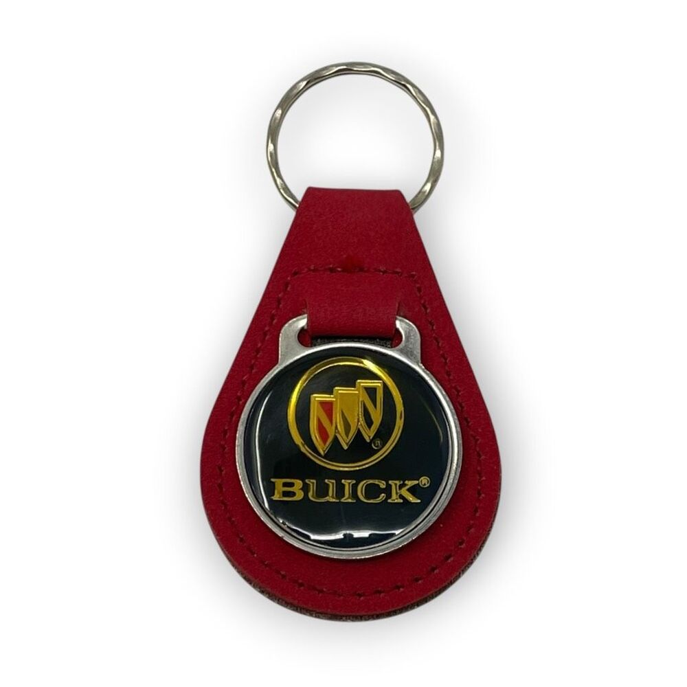 Buick Tri Shield Emblem Red Leather Key Chain Silver Ring Teardrop Vintage